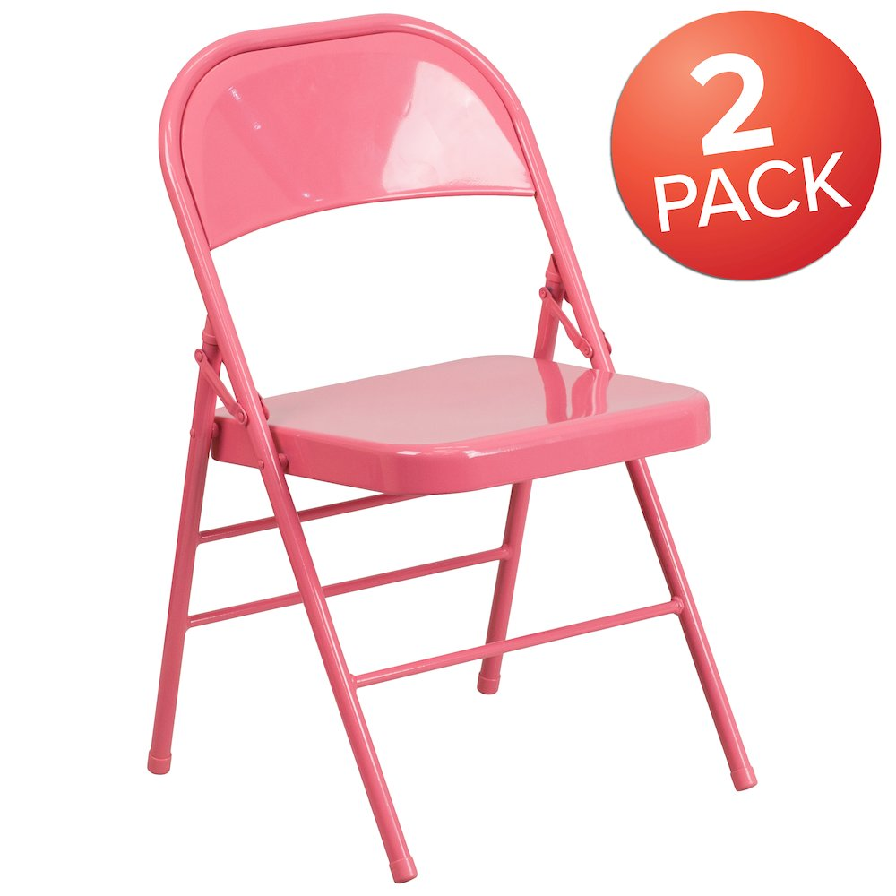 Two bubblegum pink metal folding chairs with triple braces and double hinges, ideal for versatile seating options.