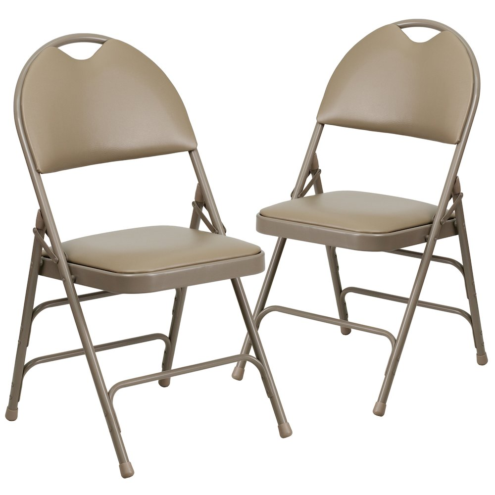 Two beige HERCULES Series vinyl metal folding chairs with triple-braced frames and easy-carry handles, ideal for portable seating.
