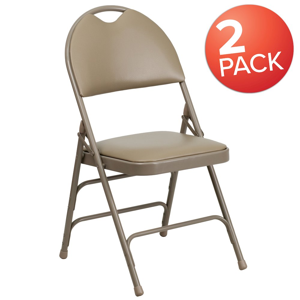Two beige HERCULES Series vinyl folding chairs with triple braces and easy-carry handles, designed for durable, portable furniture.