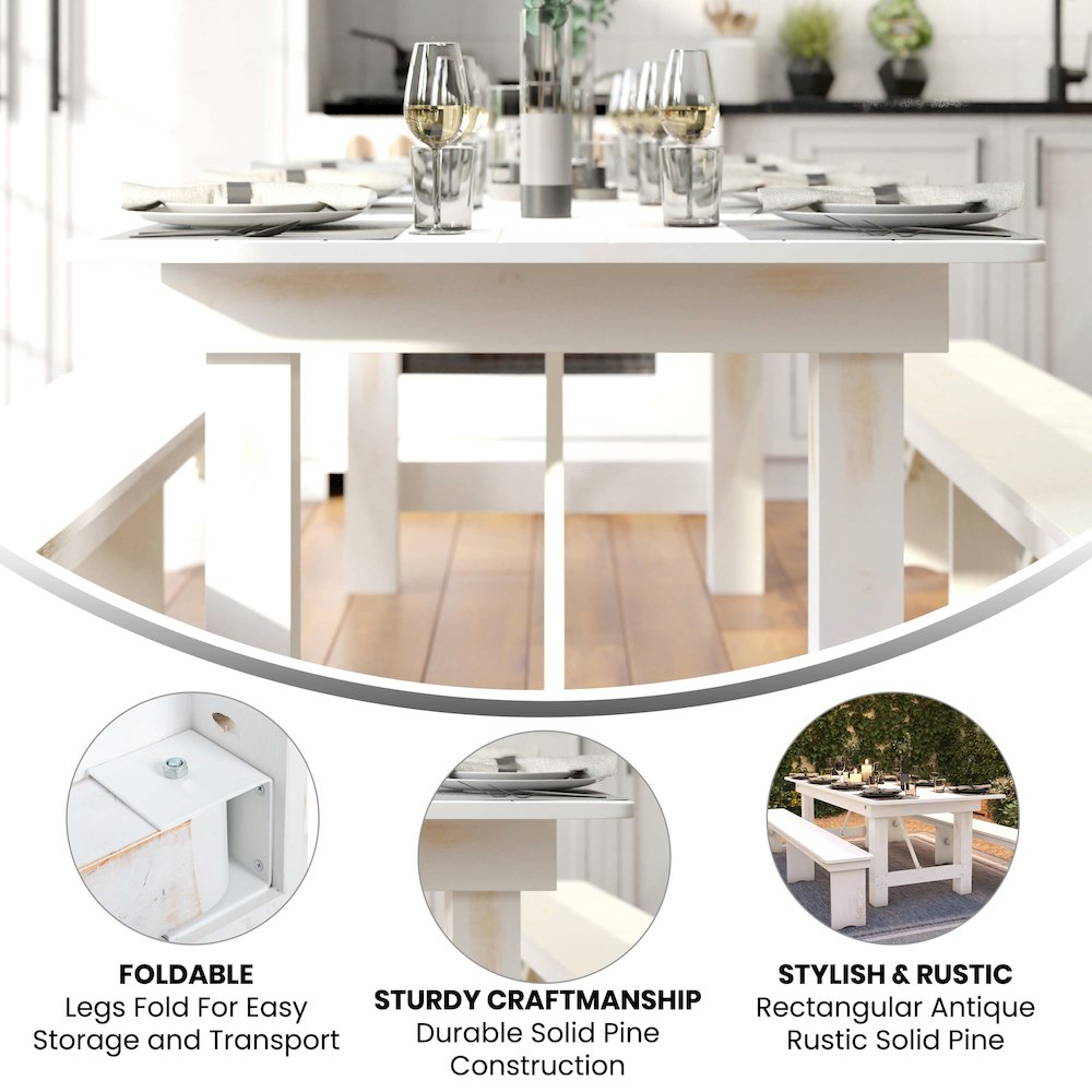 Rustic white solid pine rectangular farm table, 8 feet by 40 inches, with foldable design from Start2Finish.