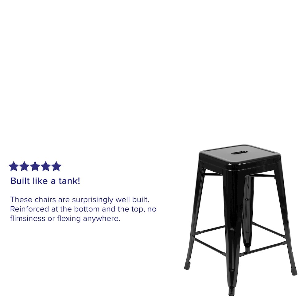 Set of four black metal counter-height bar stools by Start2Finish, stackable indoor seating with modern design