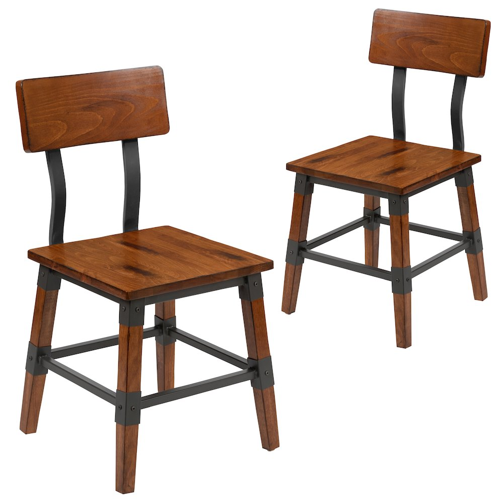 Two rustic antique walnut industrial wood dining chairs with metal accents, featuring a vintage design and sturdy construction.