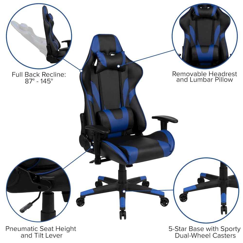 Start2Finish gaming desk with black surface and blue accents, paired with a matching blue and black reclining gaming chair.