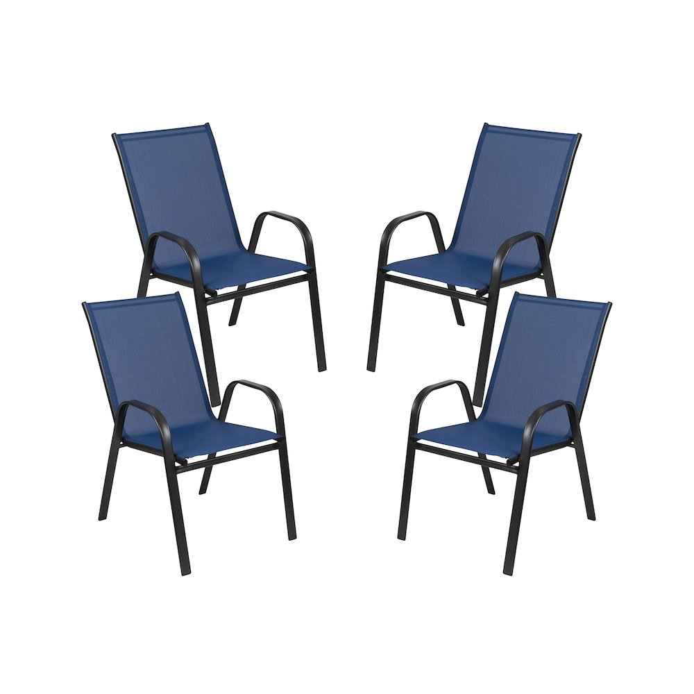 Set of 4 Start2Finish sling patio chairs with metal frames, suitable for restaurant and outdoor residential spaces.