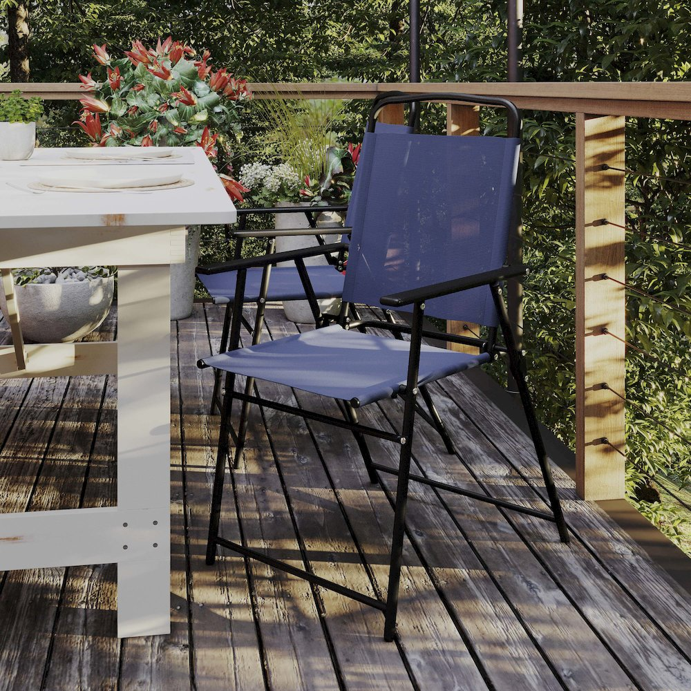 Pair of contemporary sling style patio chairs with armrests, made by Start2Finish, featuring modern outdoor furniture design.