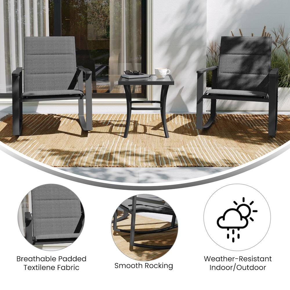 Set of three modern outdoor rocking chairs with a matching table, featuring sleek design and weather-resistant materials by Start2Finish.