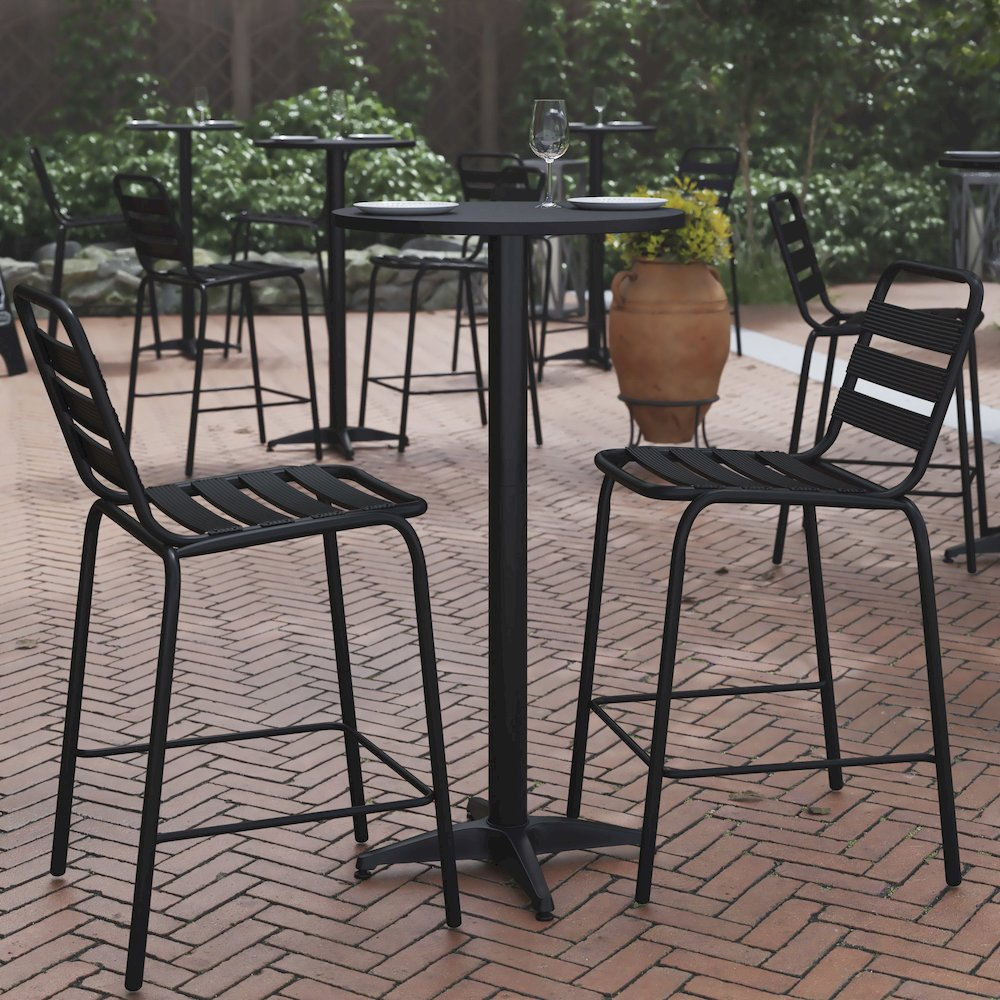 Modern round bar height table by Start2Finish with a sleek wooden top and black metal base, ideal for commercial or residential use.
