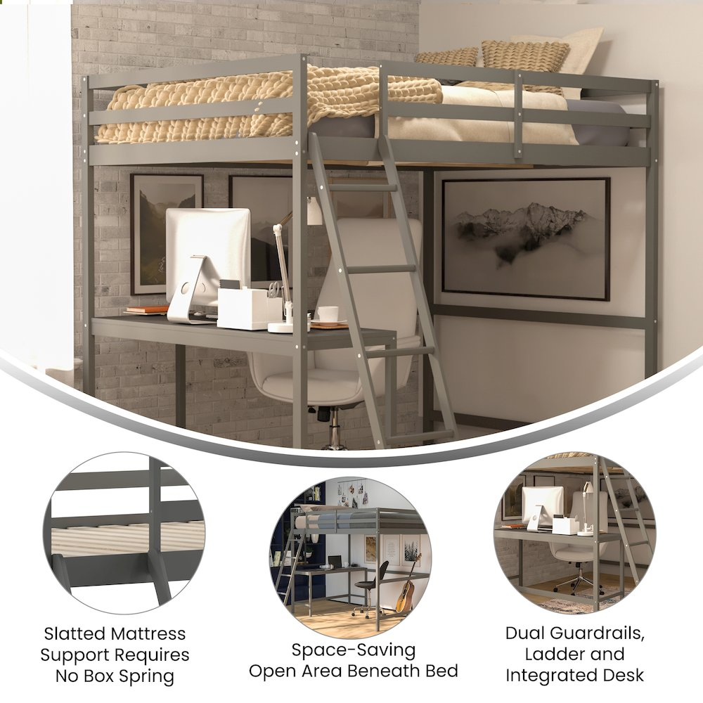 Start2Finish full loft bed frame with integrated desk and stairs, featuring a wooden finish and space-saving design for bedroom use.