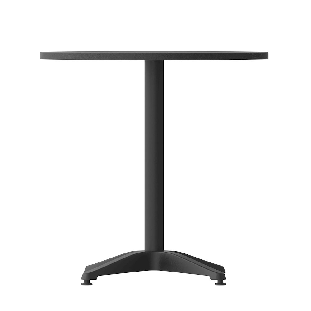 Round Start2Finish patio table for restaurants, banquet halls, and dining rooms, featuring a sturdy wooden surface and metal legs.