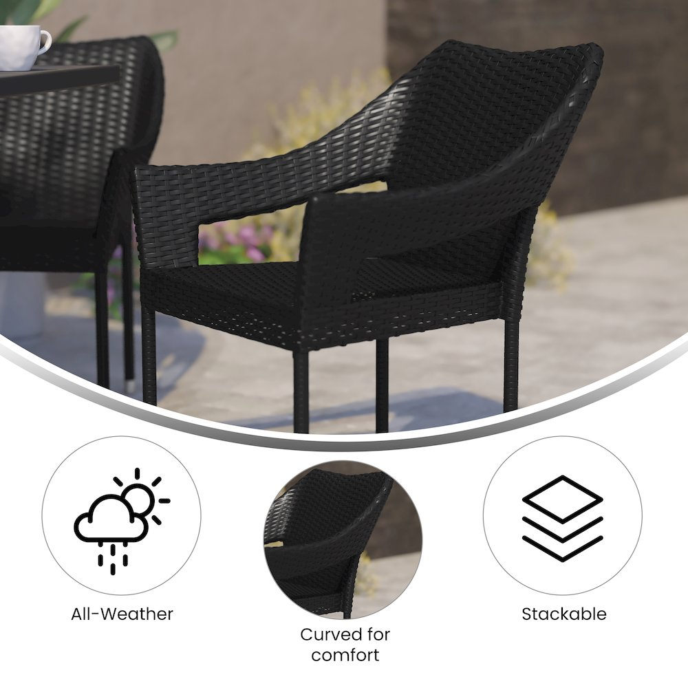 Modern stackable patio dining chair with arms by Start2Finish, featuring a sleek design and comfortable armrests for outdoor seating.