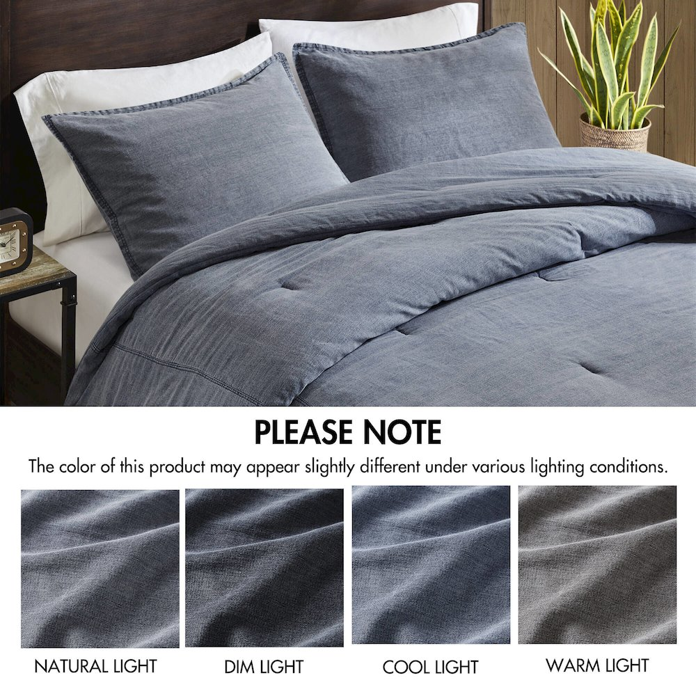 Start2Finish Hudson Twill Washed Comforter Set in blue, showing a cozy, soft bedding with a textured twill weave pattern.