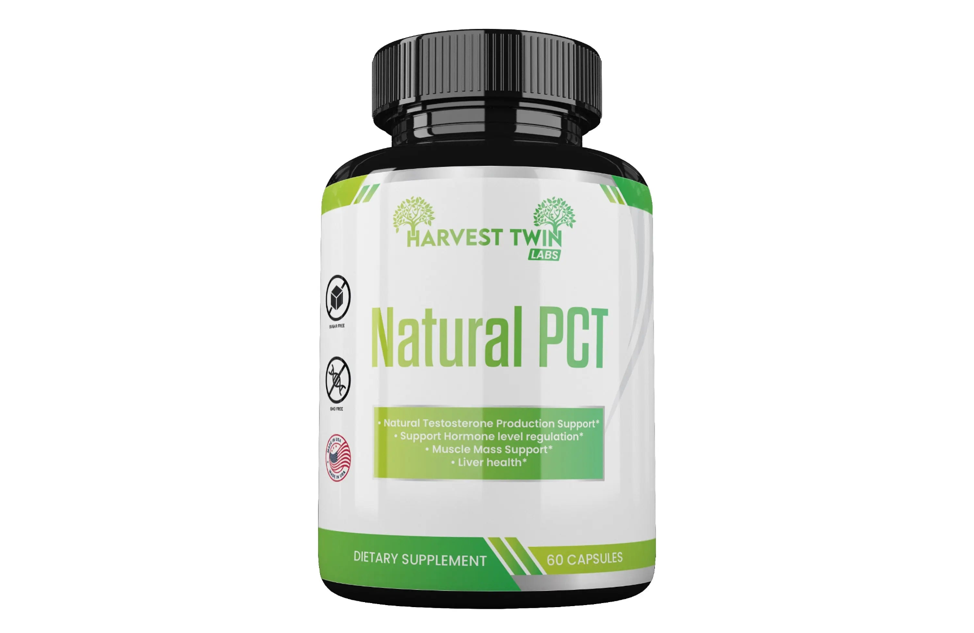 Natural PCT Testosterone Booster supplement by Harvest Twin Labs, featuring capsules with herbal ingredients for hormone support.