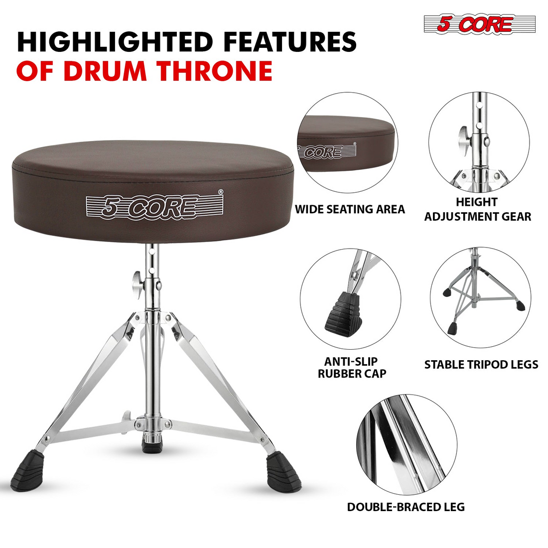 Start2Finish 5 Core Drum Throne with 3-inch padded seat, height adjustable drumming chair for practice and performance.