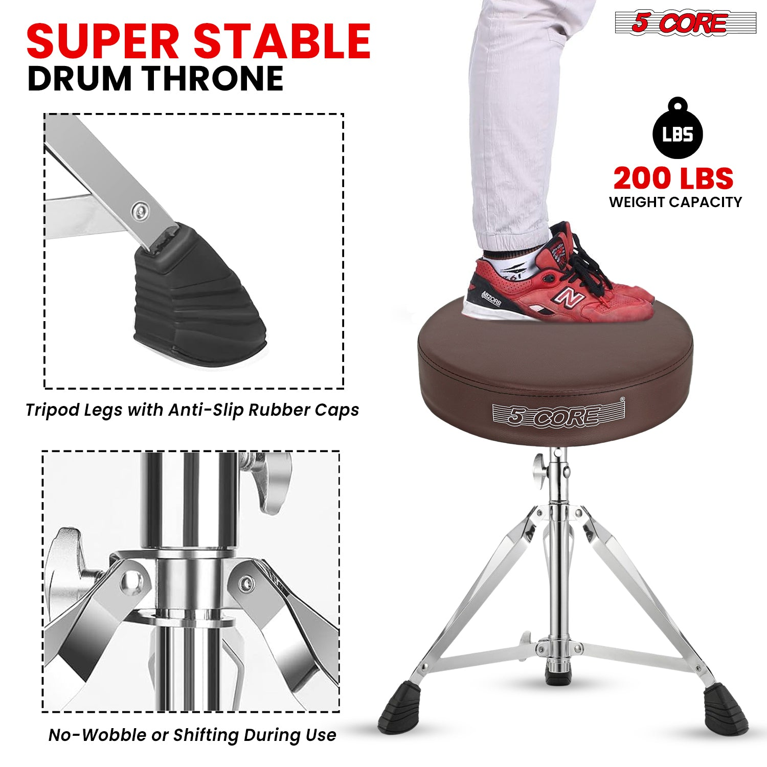 Start2Finish 5 Core Drum Throne with 3-inch padded seat, height adjustable, ideal for drumming practice and performance.