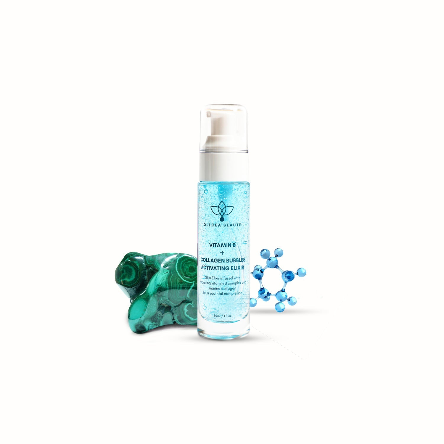 Start2Finish Collagen Elixir Serum with Vitamin B and activating collagen bubbles, in a sleek beauty bottle.