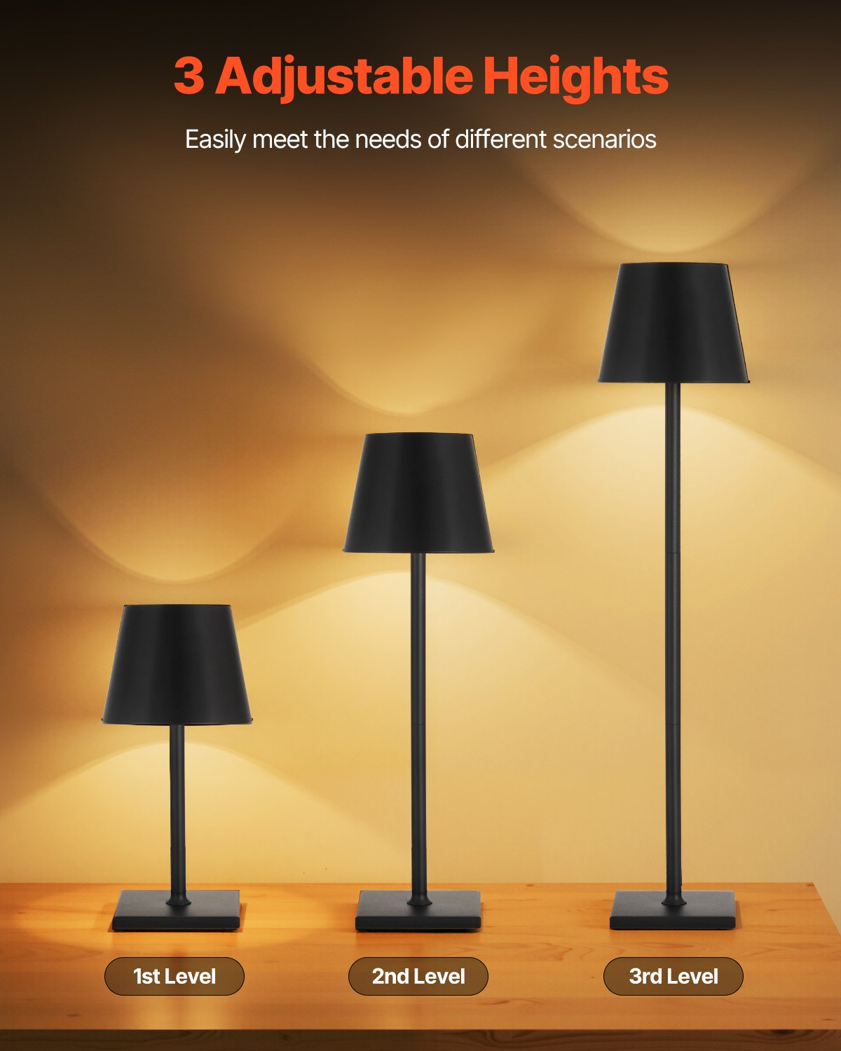 Start2Finish VEVOR cordless table lamp 2-pack with rechargeable battery, adjustable heights, dimming, and detachable shade in black.