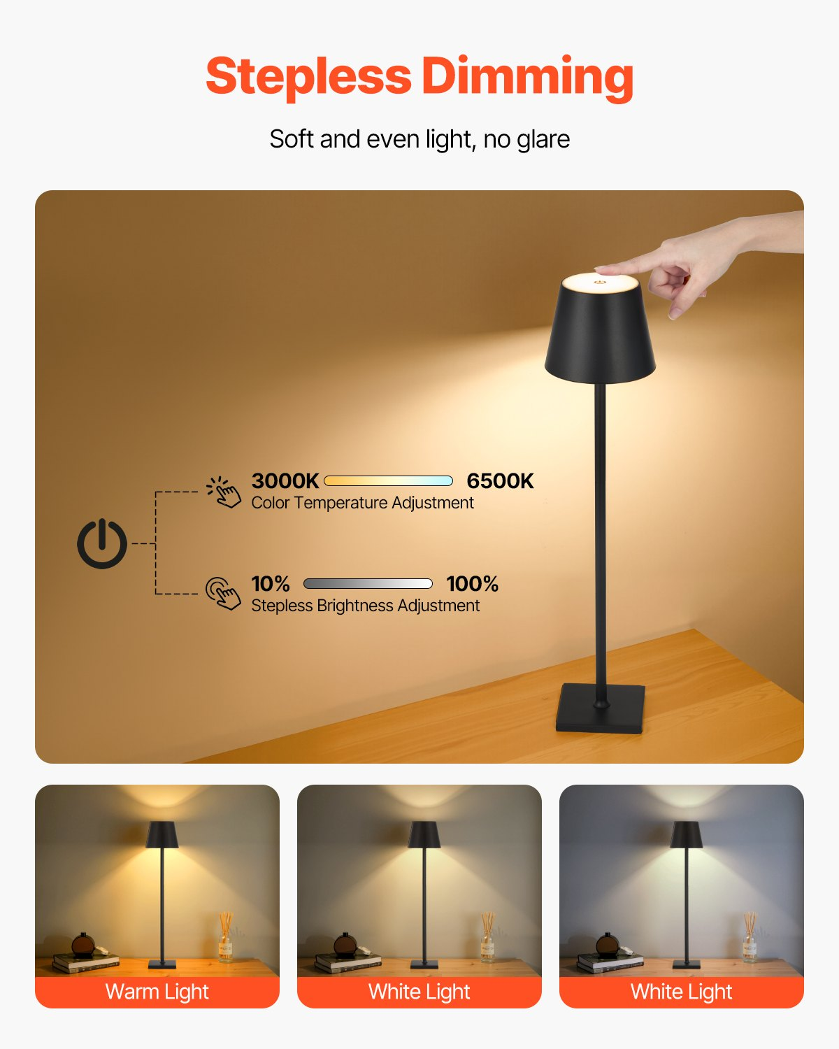 Start2Finish VEVOR cordless table lamps, 2-pack with rechargeable batteries, stepless dimming, adjustable heights, black, for indoor and outdoor use.