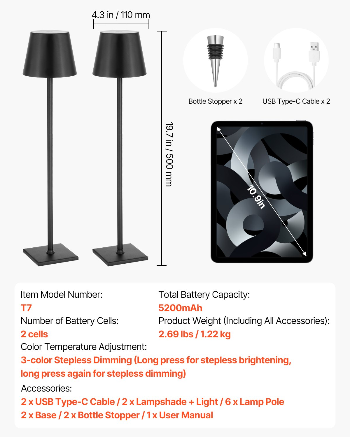 Start2Finish VEVOR cordless table lamps, black 2-pack with rechargeable batteries, stepless dimming, adjustable heights, and detachable shades.