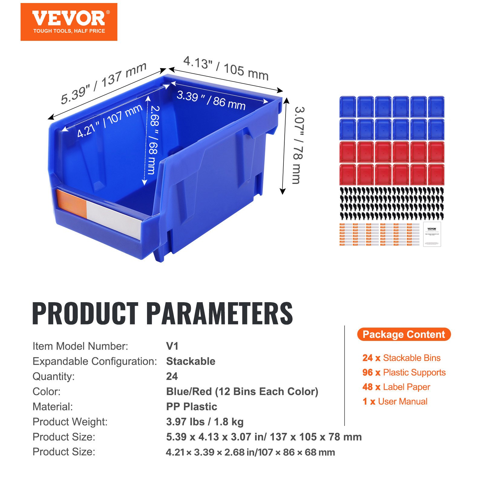 Stackable plastic storage bins in blue and red, Start2Finish 24-pack, hanging organizer containers for closet, kitchen, or pantry.