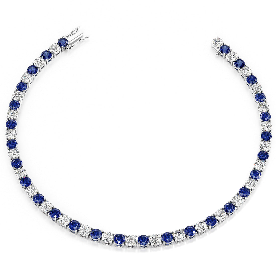 Start2Finish 7.50 CTW blue sapphire and diamond tennis bracelet in 14K white gold overlay, featuring lab-created gemstones.