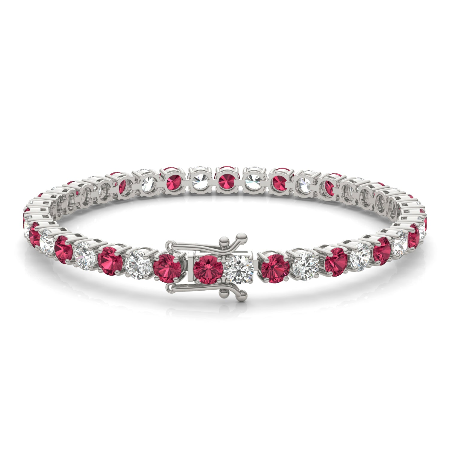 Start2Finish 7.50 CTW lab-created ruby and diamond tennis bracelet in 14K white gold overlay with sparkling gemstones.