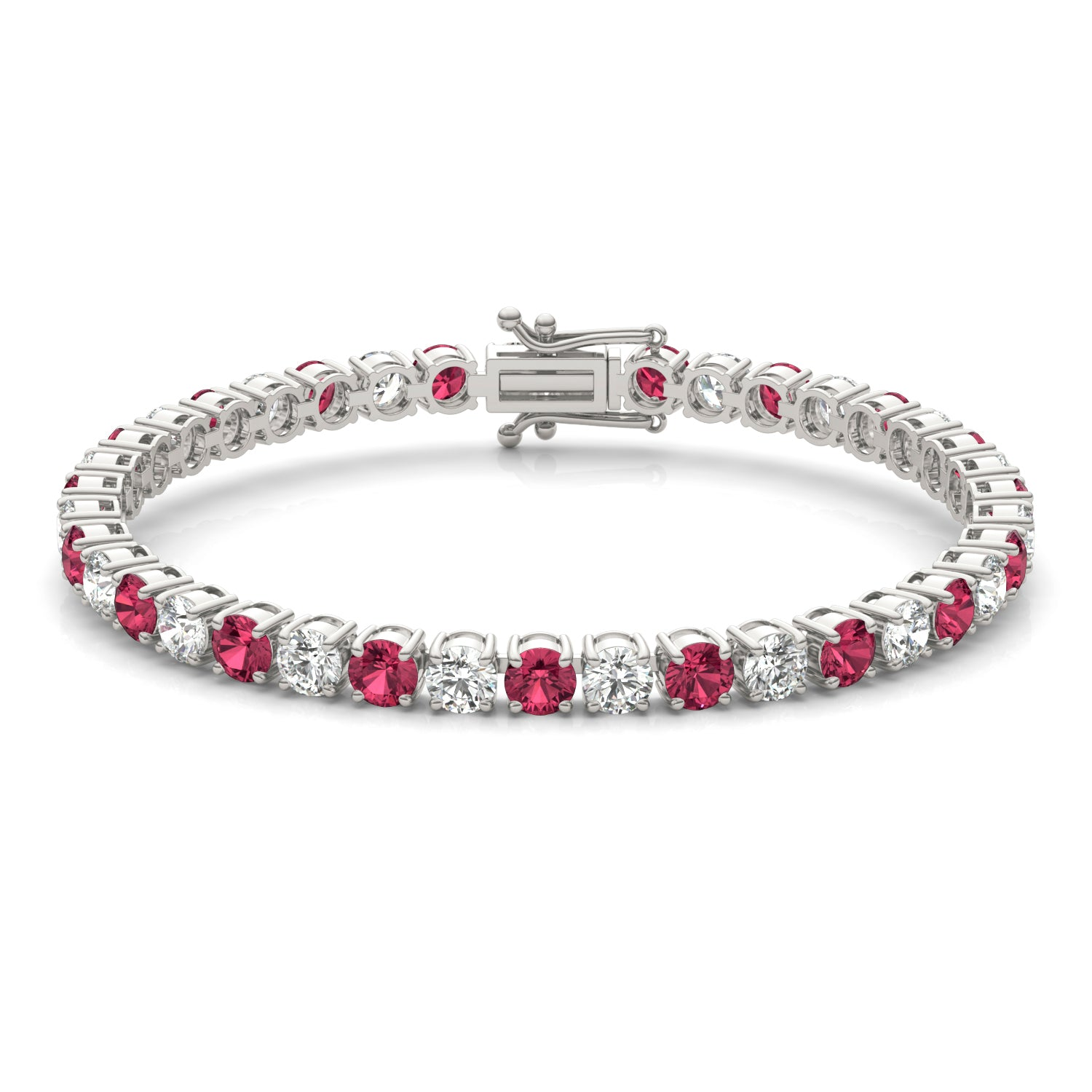 Start2Finish 7.50 CTW lab created ruby and diamond tennis bracelet in 14K white gold overlay, featuring sparkling gemstones and elegant design.
