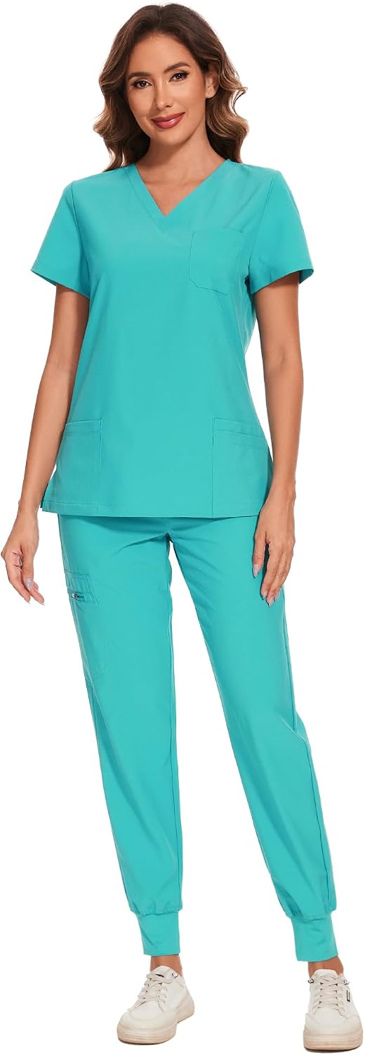 COZYFIT Scrubs for Women – Stretch V-Neck & Jogger Pant Set with 9 Pockets