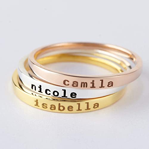 Stackable mom rings set by Green Millie featuring personalized stacking rings with engraved kid&