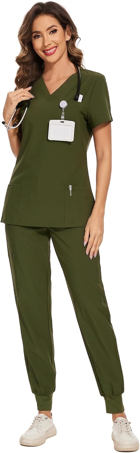 COZYFIT Scrubs for Women – Stretch V-Neck & Jogger Pant Set with 9 Pockets