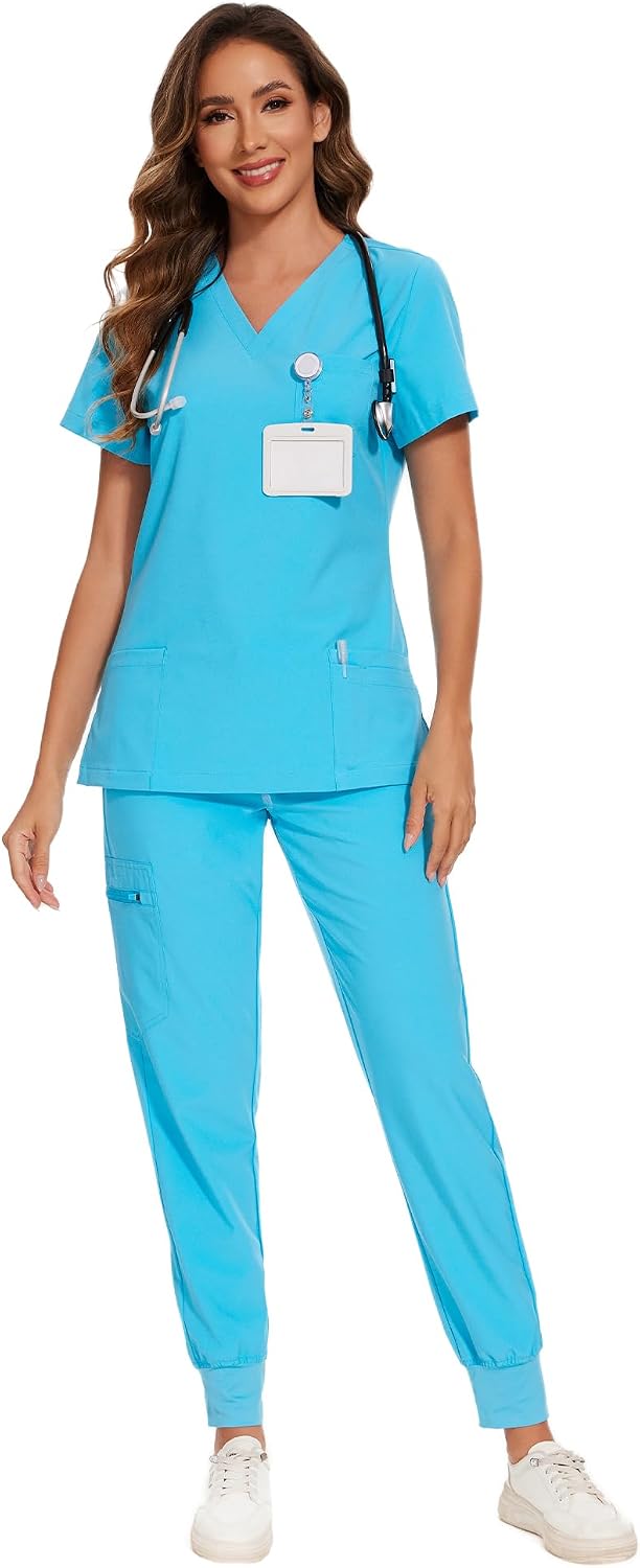 COZYFIT Scrubs for Women – Stretch V-Neck & Jogger Pant Set with 9 Pockets