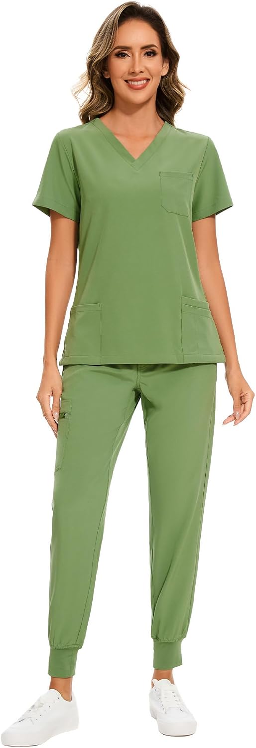 COZYFIT Scrubs for Women – Stretch V-Neck & Jogger Pant Set with 9 Pockets
