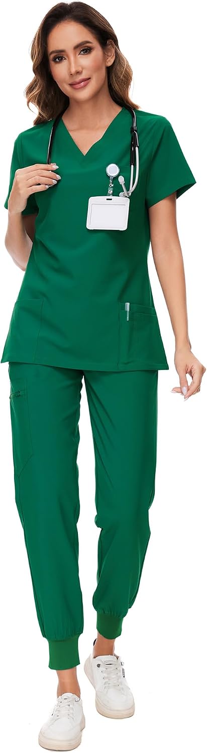COZYFIT Scrubs for Women – Stretch V-Neck & Jogger Pant Set with 9 Pockets