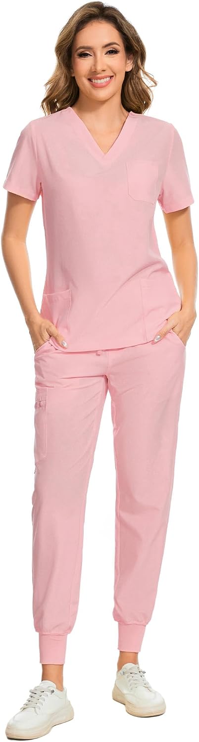 COZYFIT Scrubs for Women – Stretch V-Neck & Jogger Pant Set with 9 Pockets