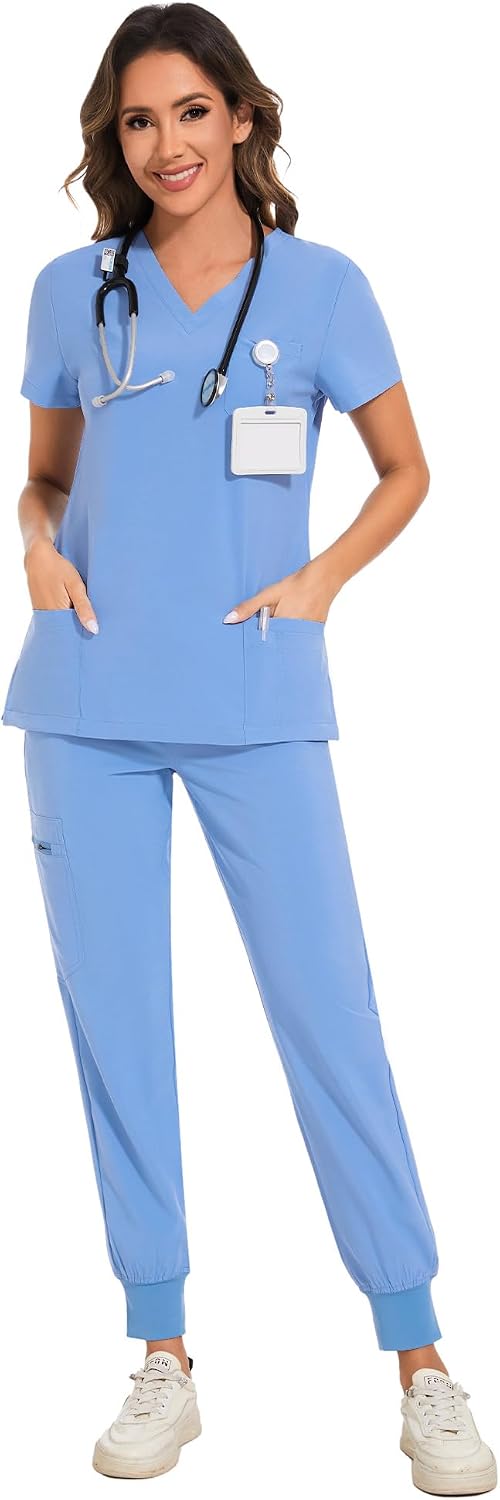 COZYFIT Scrubs for Women – Stretch V-Neck & Jogger Pant Set with 9 Pockets