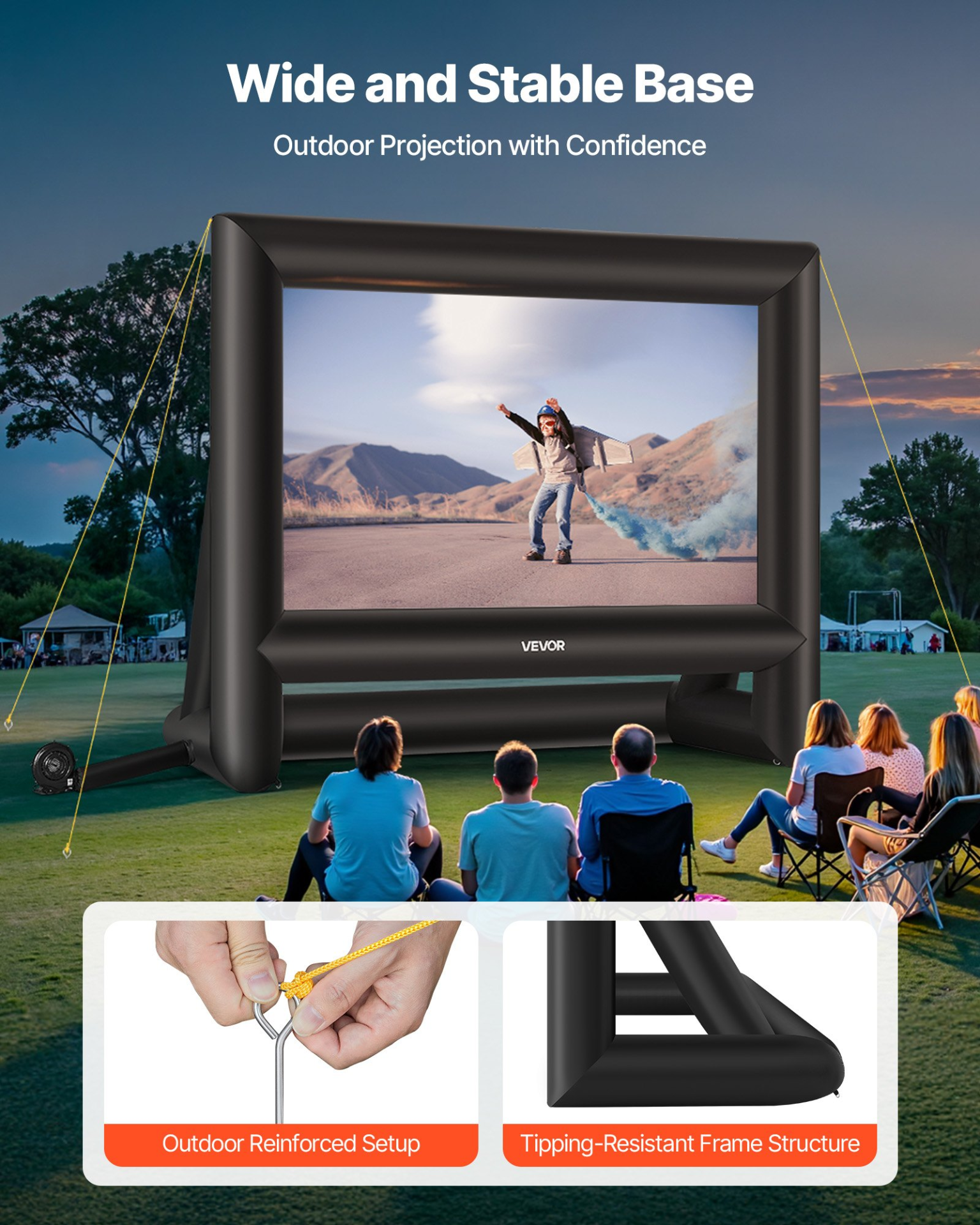 Start2Finish VEVOR 18FT inflatable outdoor movie screen set up in backyard with portable storage bag for outdoor home theater use.