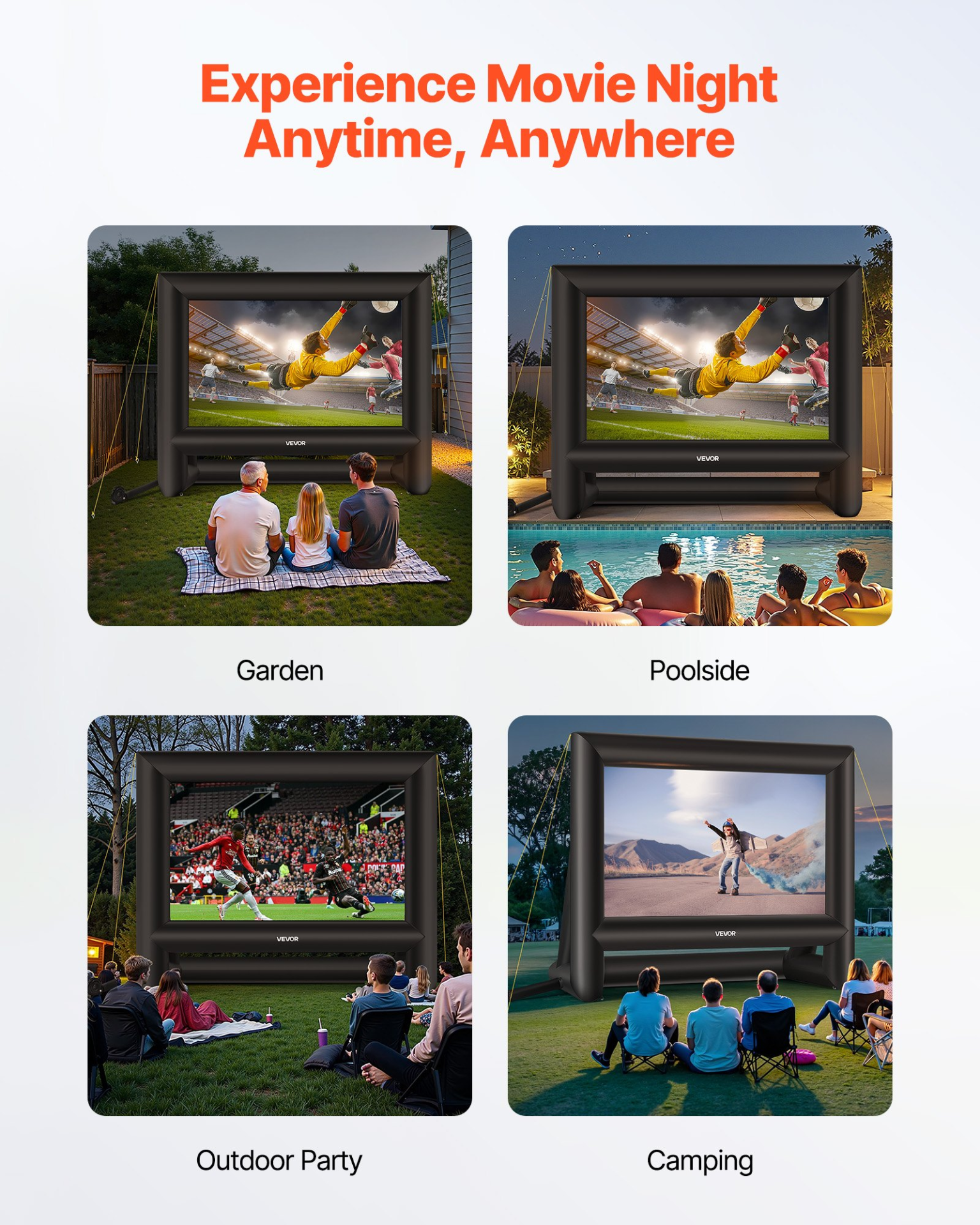 Start2Finish VEVOR 18FT inflatable outdoor movie screen set up with a portable storage bag for backyard home theater or theme parties.