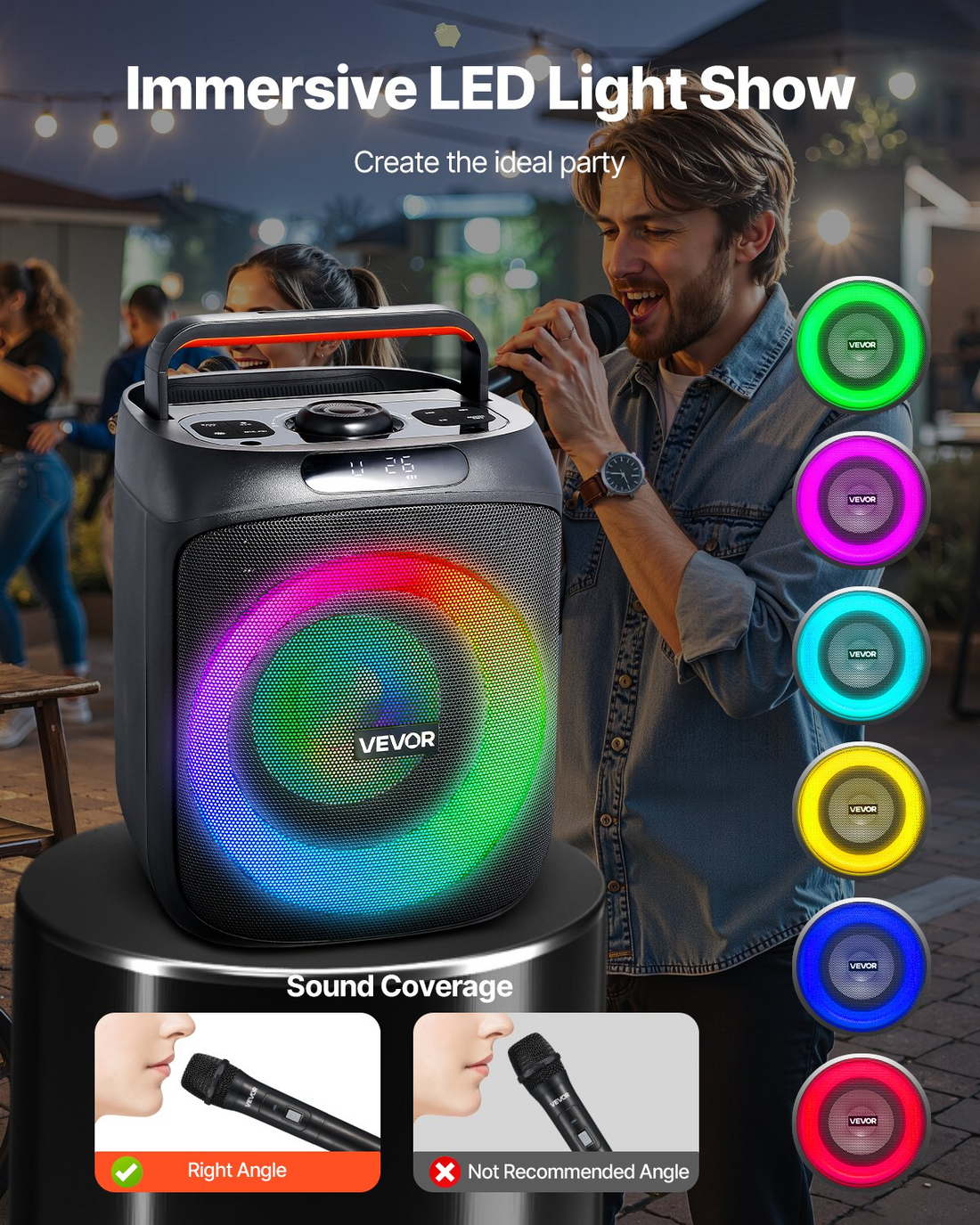 Start2Finish VEVOR karaoke machine for adults with 30W Bluetooth speaker, LED lights, wireless mics, TWS, and multiple playback options.