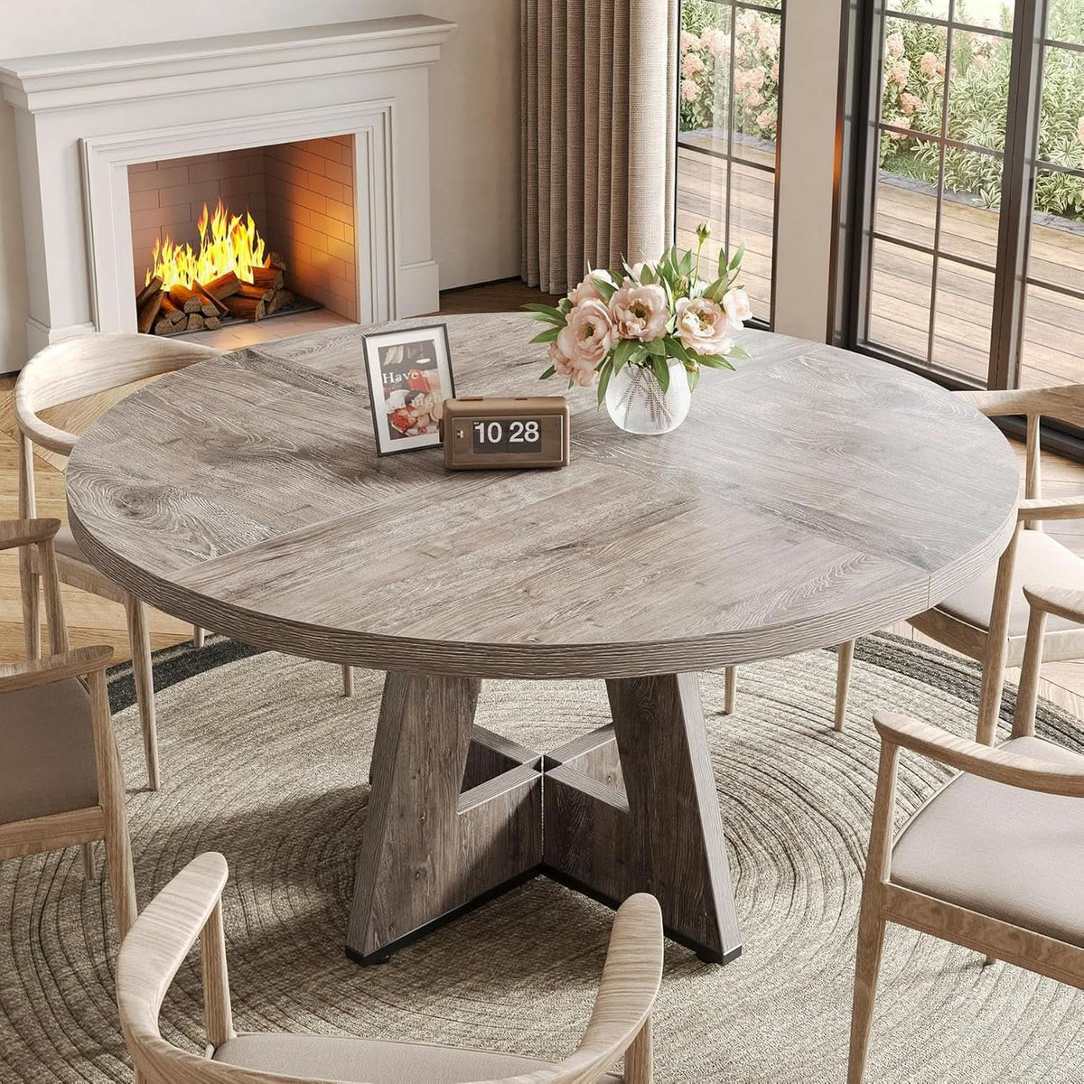 Round 47 Inch Dining Table For 4 To 6 With Grey Pedestal