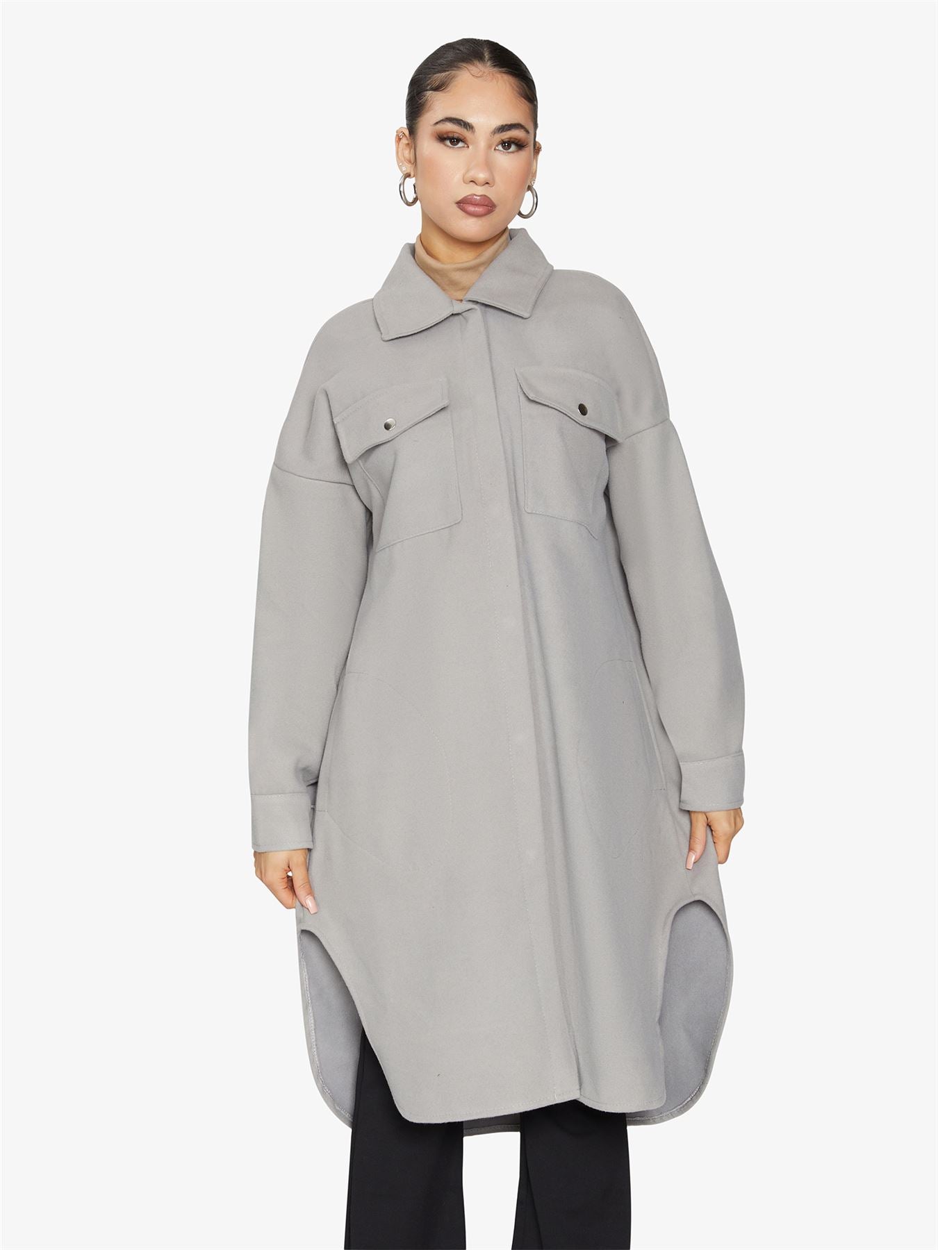 Oversized longline shacket by Rose Eleusis, casual jackets and coats with a relaxed fit and cozy design, shown in natural fabric details.
