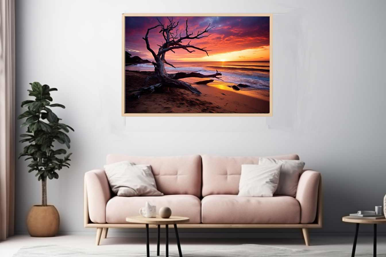 Beach sunset canvas art print by Start2Finish, showcasing a vibrant sunset over the ocean with warm colors and scenic shoreline details.