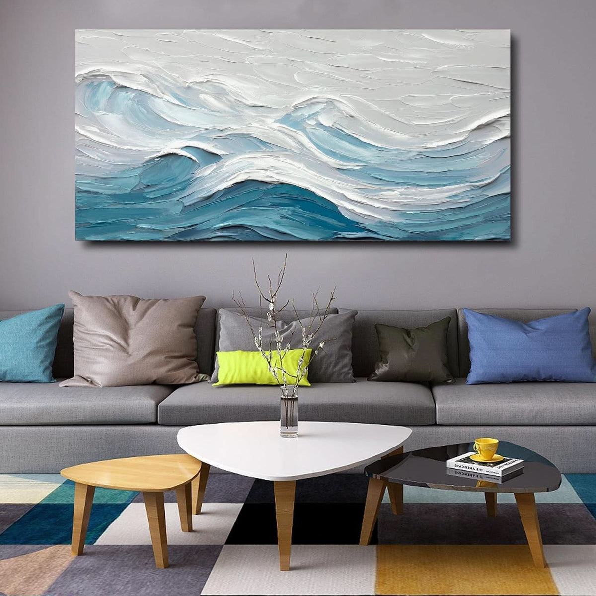 Blue White Ocean Abstract Canvas Artwork 20x40 Inches