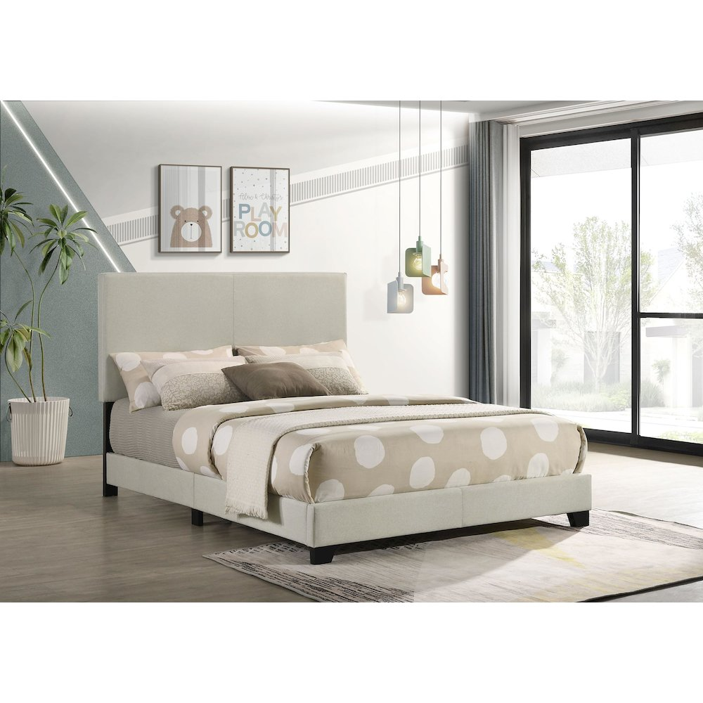 Cream fabric upholstered full panel bed with clean lines and a modern design from Start2Finish furniture.