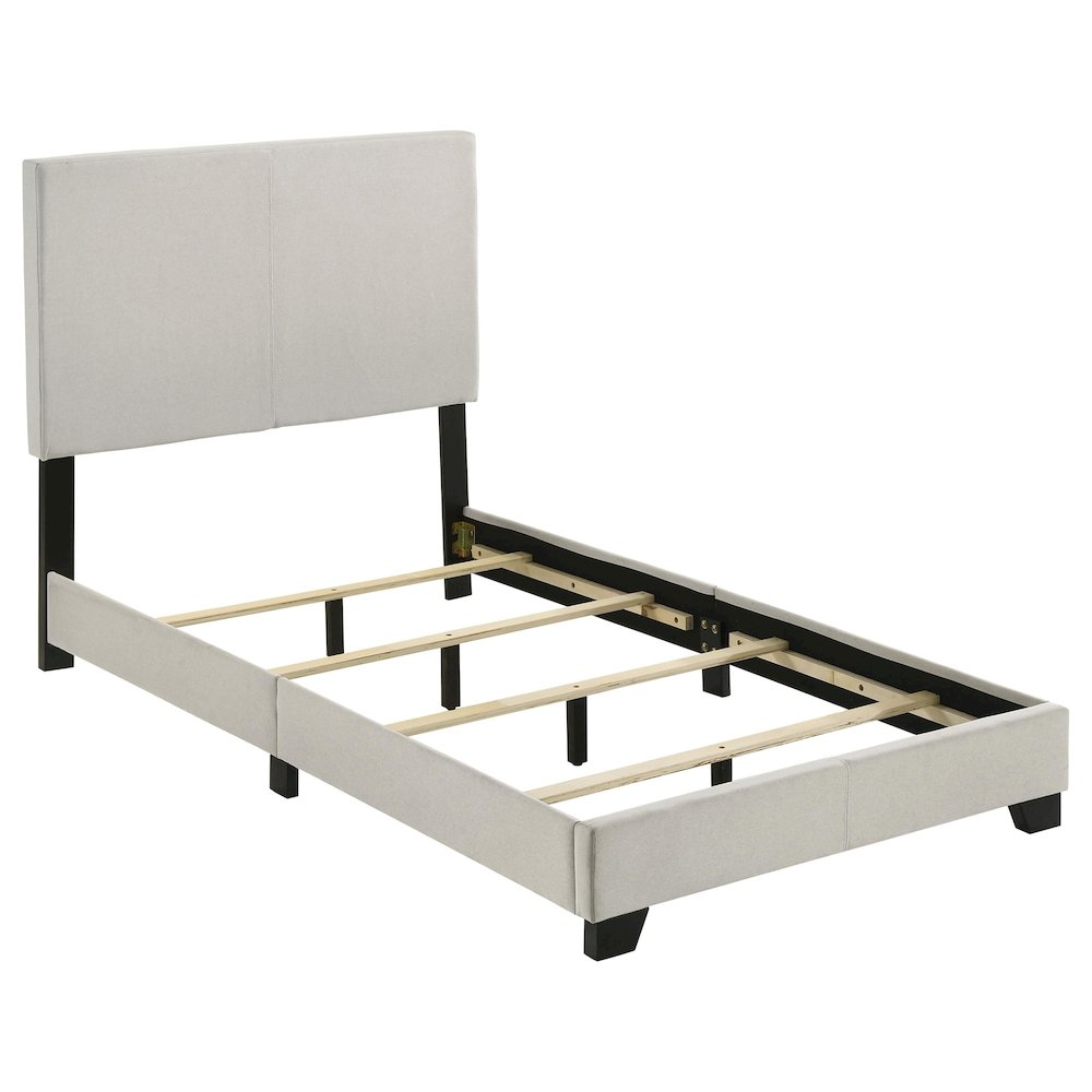Cream fabric upholstered twin panel bed by Start2Finish with a sleek, modern design and sturdy wooden frame.