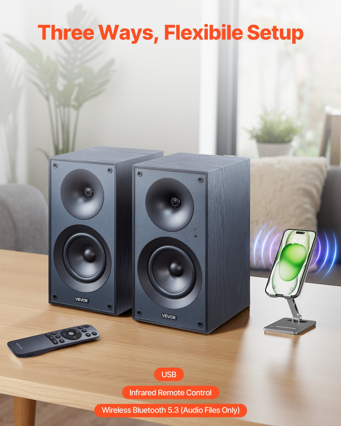 Start2Finish VEVOR powered bookshelf speakers with 5.25-inch woofer, wooden enclosure, Bluetooth, RCA, optical, USB, and subwoofer connection