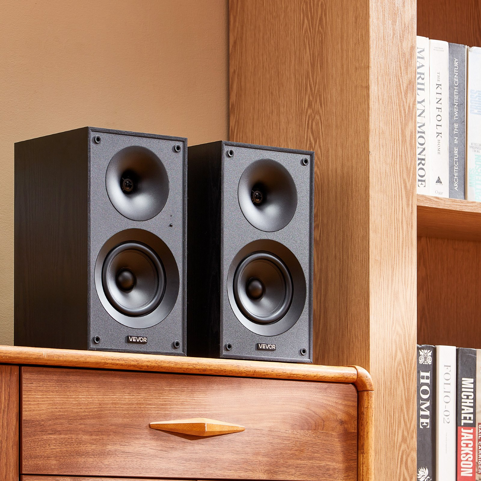 Start2Finish VEVOR powered bookshelf speakers with 5.25-inch woofer and wooden enclosure, featuring Bluetooth, RCA, USB, and optical inputs.