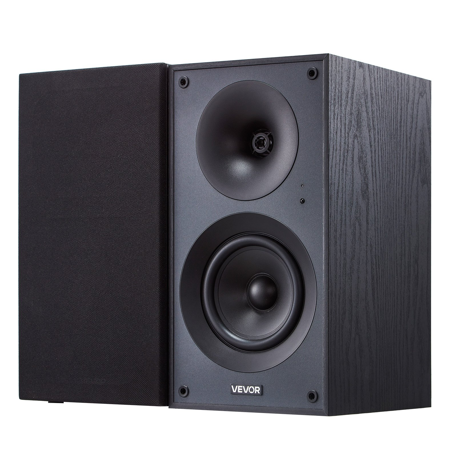 Start2Finish VEVOR powered bookshelf speakers with 5.25-inch woofer, Bluetooth, RCA, USB, and wooden enclosure for high-quality audio.
