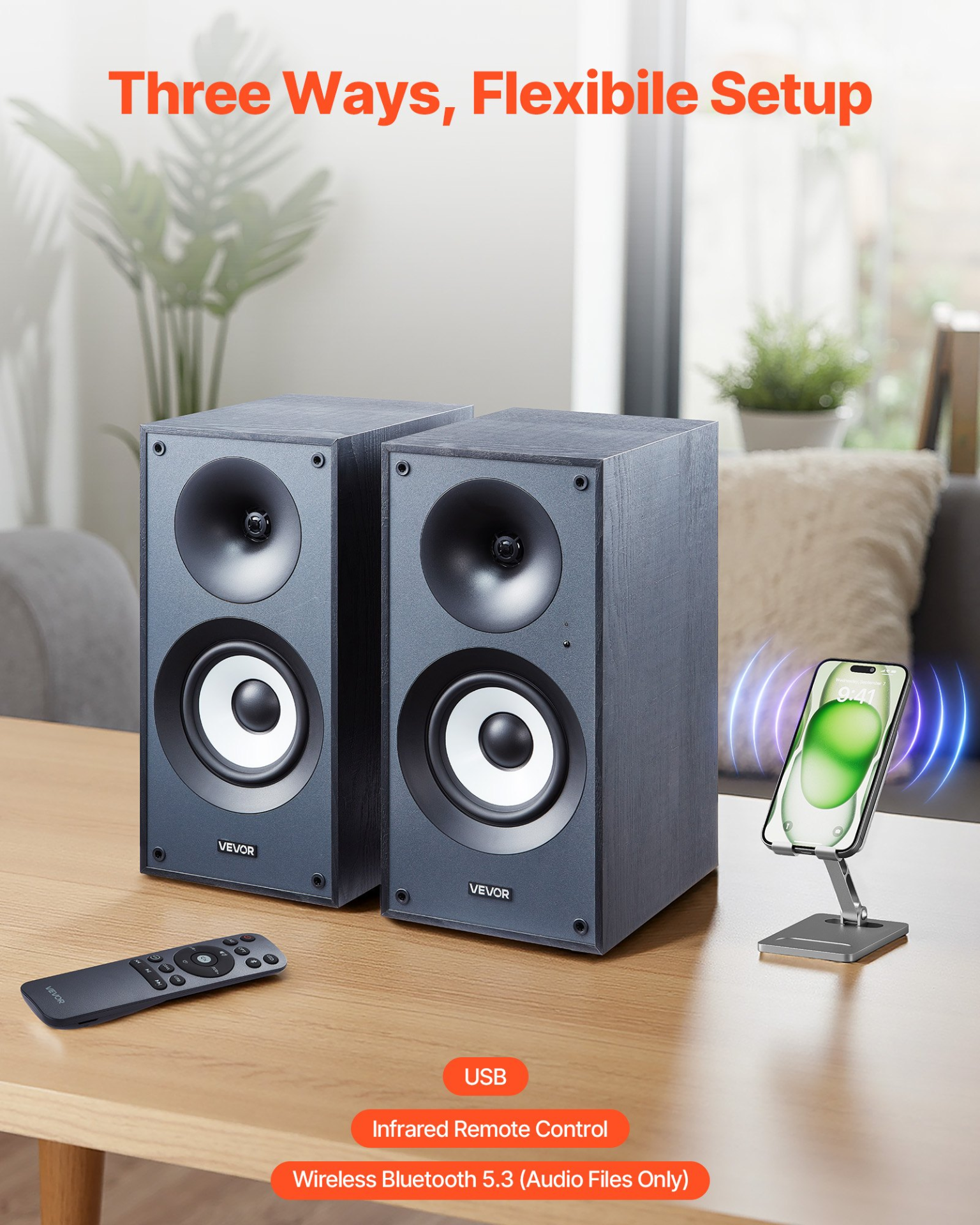 Start2Finish VEVOR powered bookshelf speakers with 5.5-inch woofer, Bluetooth and USB connectivity in wooden enclosure for audio playback.
