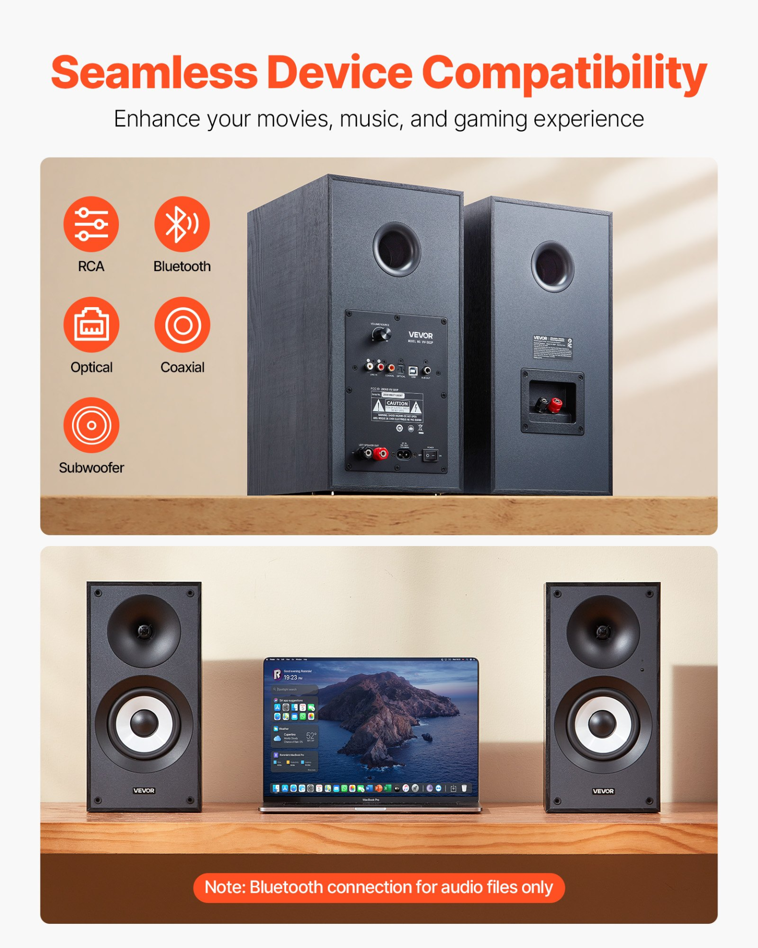 Start2Finish VEVOR powered bookshelf speakers with 5.5-inch woofer, Bluetooth, RCA, optical, USB, wooden enclosure, for studio audio.