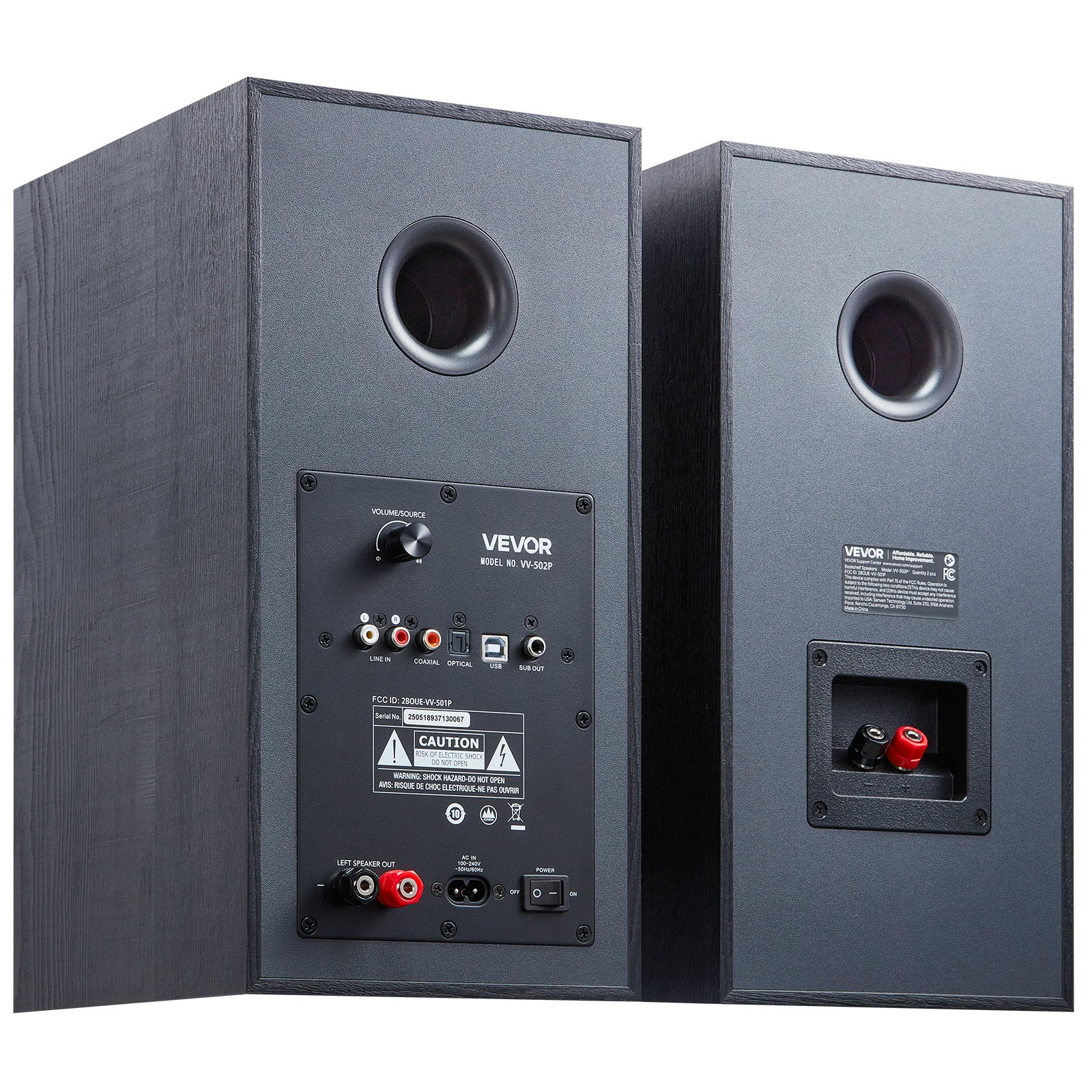 Start2Finish VEVOR powered bookshelf speakers with 5.5-inch woofer, Bluetooth, RCA, optical, USB, and wooden enclosure.