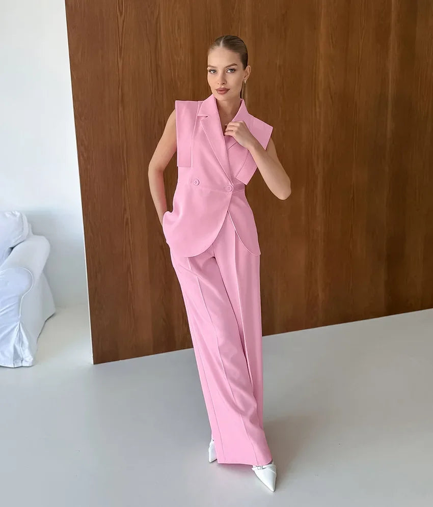 Pink waistcoat and wide-leg pants suit for women, sleeveless blazer with lapel and two buttons, stylish office outfit by Start2Finish.